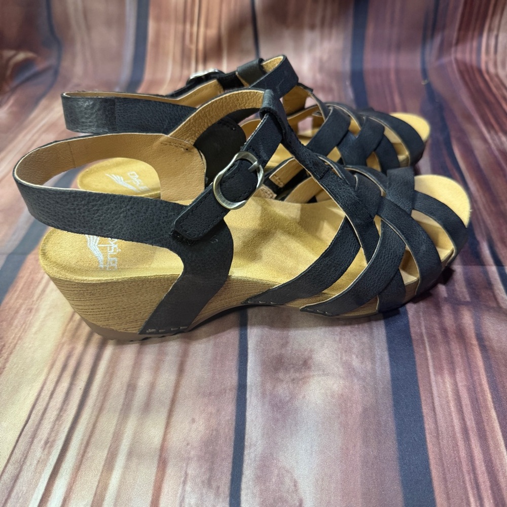 Dansko Black Leather Woven T-Strap Sandals - Picture 2 of 5